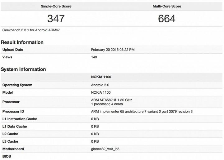 Nokia 1100 with new Android 5.0 "lit up" in the Benchmark