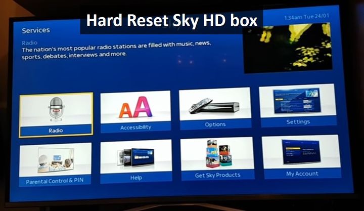 Hard Reset Sky HD box: system reset using remote control