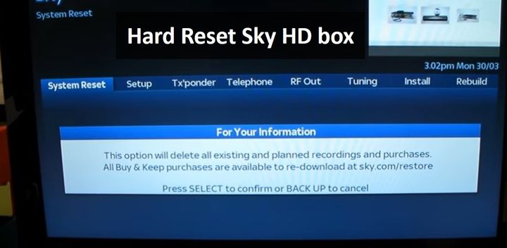 Hard Reset Sky HD box: system reset using remote control